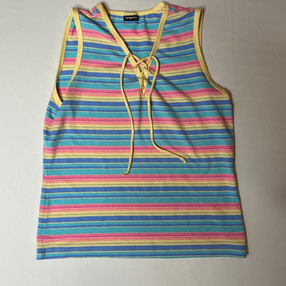 Vintage Tie Up V Neck Striped Tank Top Pastel